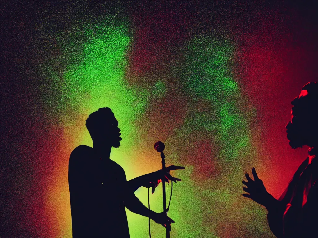 Prompt: man holding a microphone and rapping, epic pose, medium close-up, silhouetted, distinct figure, psychedelic hip-hop, laser light show, fog, beams of light