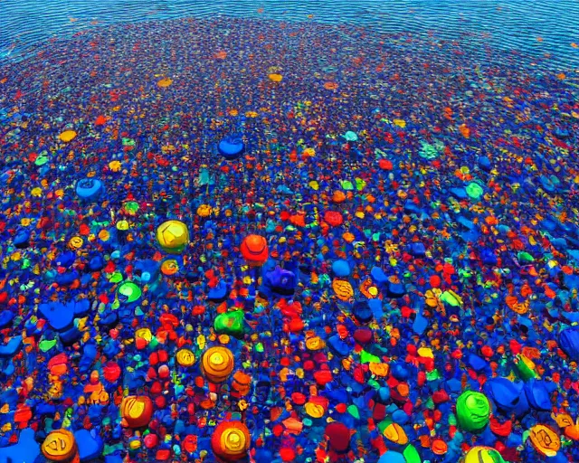 Image similar to a long shot of a giant award winning sculpture made out of tons of hundreds of pool toys in the shape of a human head, on the surface of the ocean, in the style of chad knight, hyper detailed, hyper realistic, ray tracing, 8 k resolution, sharp focus, realistic water