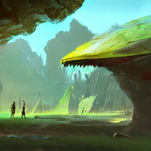 Prompt: concept art painting of an alien world full of prehistoric alien life, detailed, cel shaded, in the style of makoto shinkai and moebius and james gurney