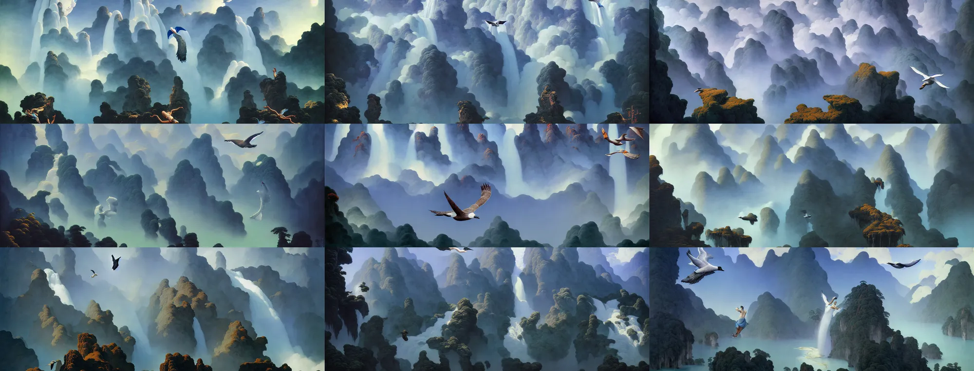 Image similar to flying wild goose arraya through the clouds. gorgeous aerial view painting by barlowe wayne maxfield parrish and marco mazzoni. sapa in china. grey blue. ultra clear detailed. 3 d, octane render. waterfall. turbulent blood lake. 8 k