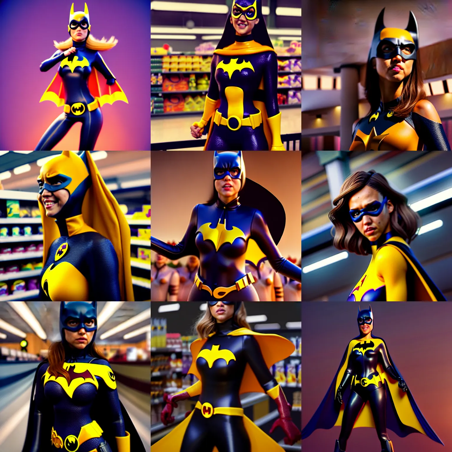 Prompt: jessica alba as batgirl standing in line in a crowded grocery store : : octane render, artstation, weta, pixar, disney : : wlop
