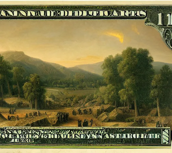 Image similar to landscape portrait of a an immense funeral pyre, with large green dollar bills in it, by william sidney mount, trending on artstation