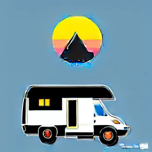 Prompt: minimal vector art sticker of a white and black cute thor chateau! motorhome camper!!, mountains, colorful sunset!!, dramatic, warm happy colors, thick lines, very minimal vector art, sticker!! by tom whalen