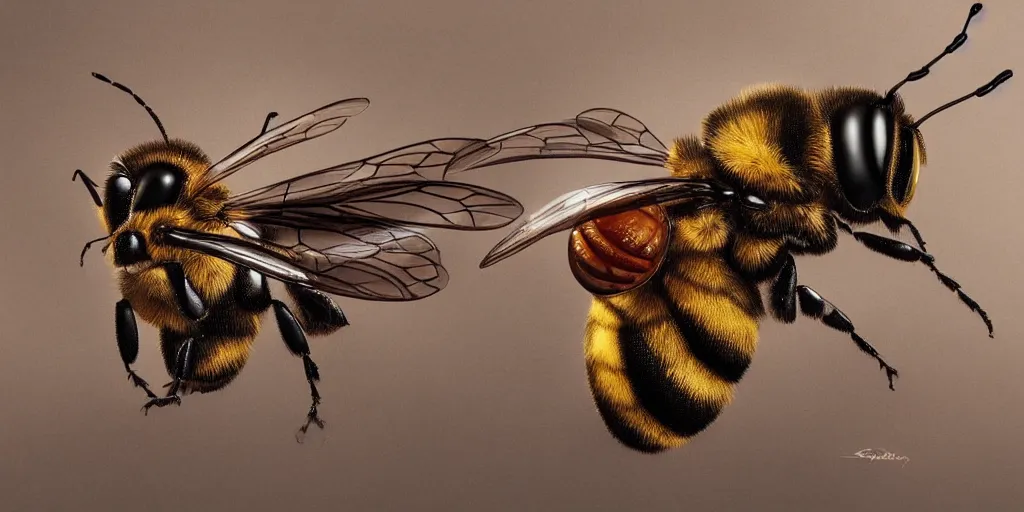Image similar to wide angle shot of a queen bee drinking dr pepper, hd, volumetric lighting, 4 k, intricate detail, by jesper ejsing, irakli nadar