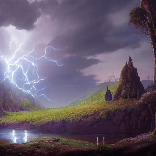 Prompt: a beautiful detailed realistic matte painting of close - up of a magical wizard looking towards a serene landscape with an eerie dark magic lightning portal to another dimension, by john howe and alexander skold and andreas rocha. vray, raytracing, detailed lighting, volumetric lighting, cinematic lighting, very wide shot, f 8