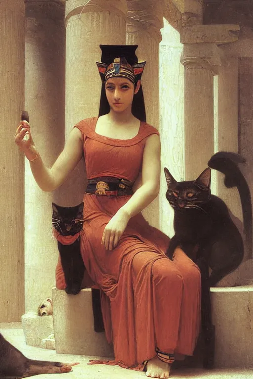 Image similar to bastet, in an egyptian temple, painting by william adolphe bouguereau