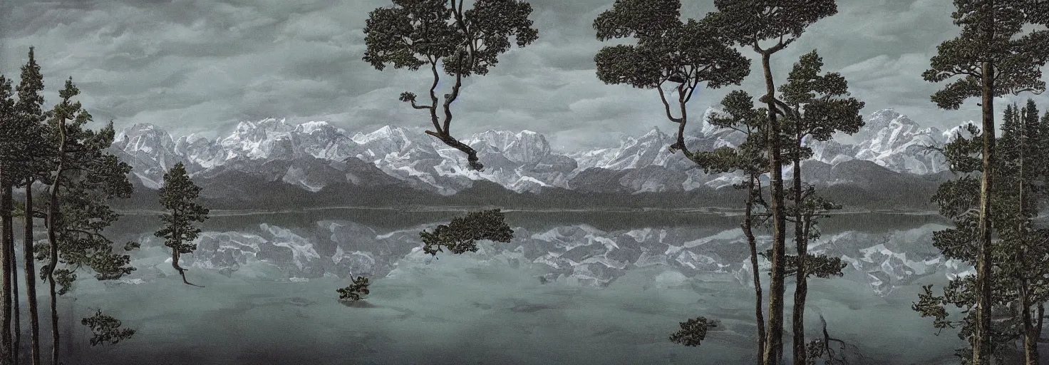 Image similar to escher painting of a lake, big trees reflecting on lake surface, mountains at background, snowy, ultra sharp, ultra detailed, dark emotion, colorized by salvador