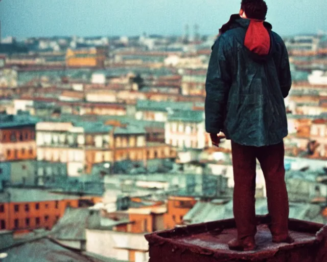 Image similar to lomo photo of man standing on the roof of soviet hrushevka, small town, cinestill, bokeh, out of focus