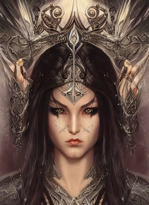 Image similar to a highly detailed symmetrical painting of a female model fantasy warrior with piercing beautiful eyes, trending art by artgerm and karol bak and mark brooks