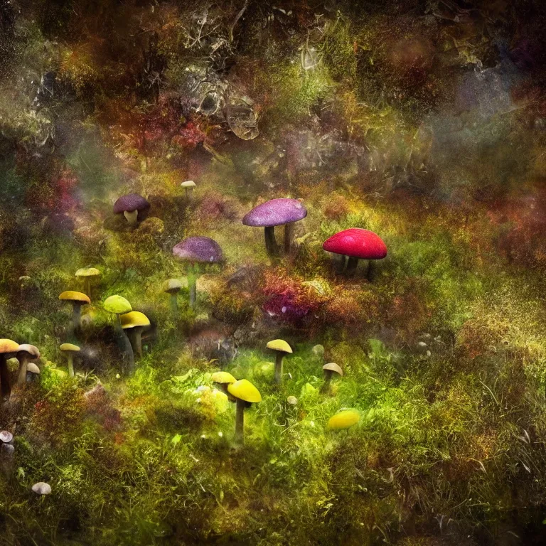 Image similar to a planet of various fungus, mushrooms, flowers and plants, inside the picture is infinity, Atmospheric, artistic photography, conceptual, long exposure outside the city, volumetric light