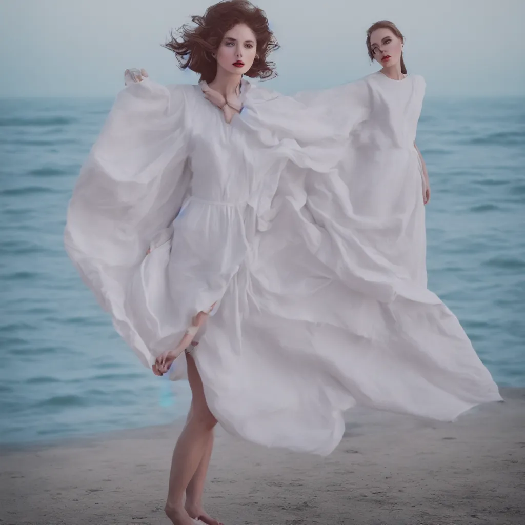 Prompt: a portrait photography of Jennyfer Lawrence with full body dress in white by Flora Borsi, stand up with the sea behind, soft sunset lighting, pastel colors scheme, fine art photography, dramatic backgroung, 80 mm sigma art