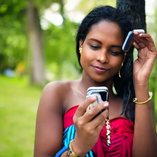 Prompt: trini woman holding a phone but ignoring it, portrait photography