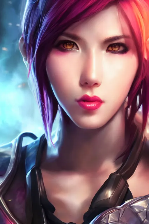 Prompt: ultra realistic facial portrait of vi from league of legends, digital art, character portrait, highly detailed, trending on artstation, lens flare, atmosphere, hyper realistic, cinematic lightning, sharp focus, unreal engine 5, extreme details perfect face, pretty face, fine - face, illustration, 8 k, ultra texture, masterpiece