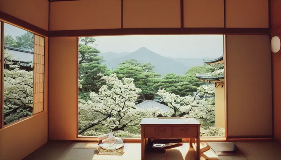 Image similar to 1 9 9 0 s candid 3 5 mm photo of a beautiful day in the a dreamy japanese flowery cottage designed by gucci, cinematic lighting, cinematic look, golden hour, a desk for flower arrangements and journaling has sun shinning on it through a window, temple in the distance, uhd