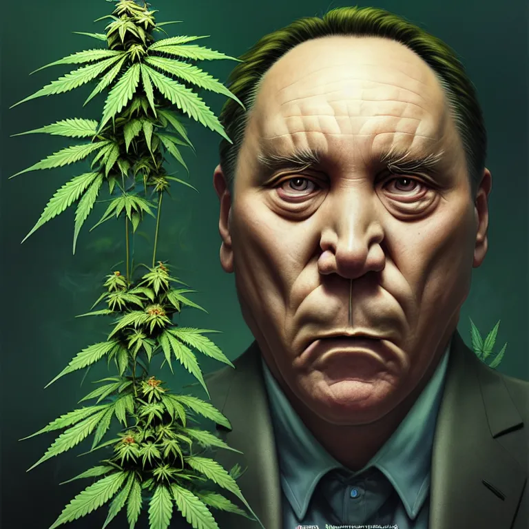 Prompt: a portrait of evil cannabis plant smoking premier francois legault illustrated by miyazaki by karol bak, james jean, tom bagshaw, rococo, sharp focus, trending on artstation, cinematic lighting, hyper realism, octane render, 8 k, hyper detailed, vivid, ultra detailed, highly detailed