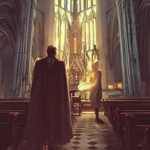 Image similar to angel protecting man who is praying inside a gothic church by Stanley Artgerm Lau, WLOP, Rossdraws, James Jean, Andrei Riabovitchev, Marc Simonetti, Yoshitaka Amano, ArtStation, CGSociety