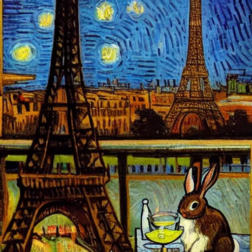 Prompt: a rabbit drinking milk in a paris cafe, eiffel tower visible in the background, in the style of van gogh