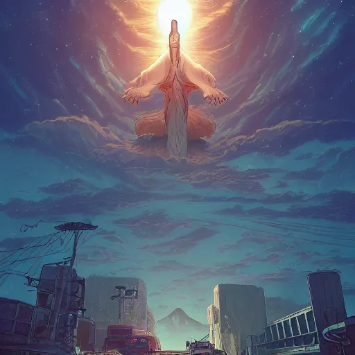 Image similar to the second coming of big chungus by dan mumford, yusuke murata, makoto shinkai, ross tran, cosmic, heavenly, god rays, intricate detail, cinematic, 8 k, cel shaded, unreal engine, featured on artstation, pixiv