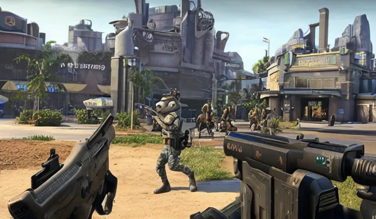 Image similar to screen shot of Call of Duty : Disney, in Zootopia city, Gun at bottom of screen