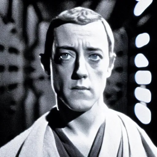 Prompt: film still of young alec guiness as a jedi in new star wars movie, dramatic lighting, highley detailled face, kodak film, wide angle shot