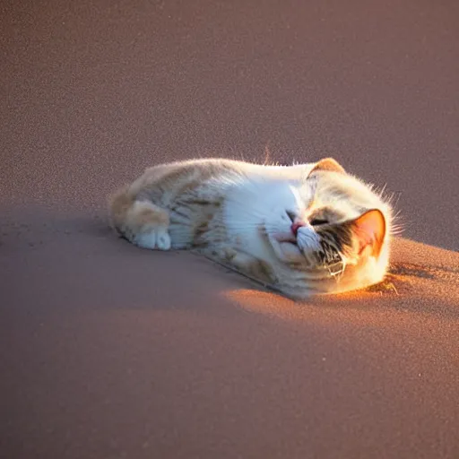 Prompt: a fat cat sleeping on a sand dune,