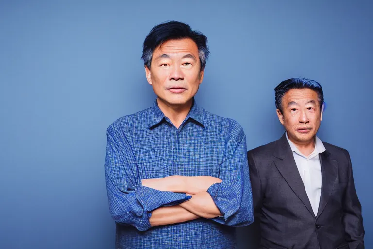 Prompt: a cinematic studio headshot portrait of a middle aged asian man, movie still, blue color theme, dramatic lighting, back light, hair light, rim light, 4 k, ultra realistic, by annie leibovitz