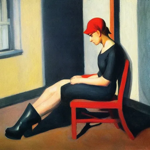 Image similar to cat putting on work boots, edward hopper painting, dark tones