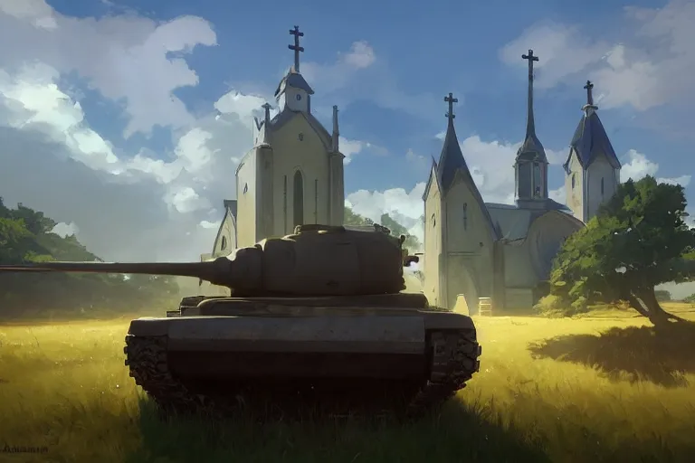 Image similar to a tank with a church as tanktower, scene in an open field. key visual, conceptart, ambient lighting, highly detailed, digital painting, artstation, concept art, sharp focus, by makoto shinkai and akihiko yoshida and greg manchess