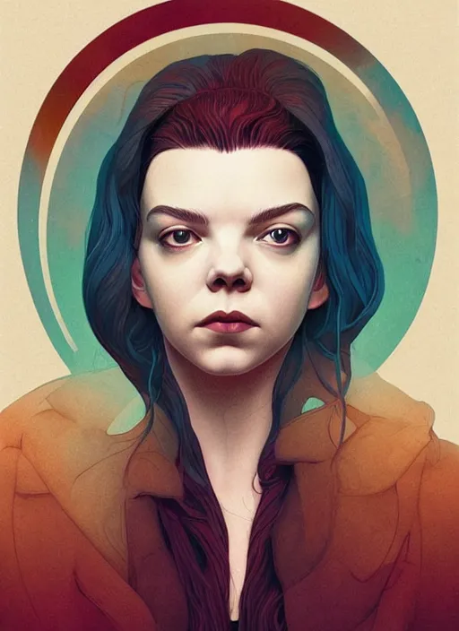 Image similar to poster artwork by Michael Whelan and Tomer Hanuka, Karol Bak Whether she was portraying the victim-turned-monster or monster-turned-victim, Anya Taylor-Joy is beautiful perfection, from scene from Twin Peaks, clean, simple illustration, nostalgic, domestic, full of details