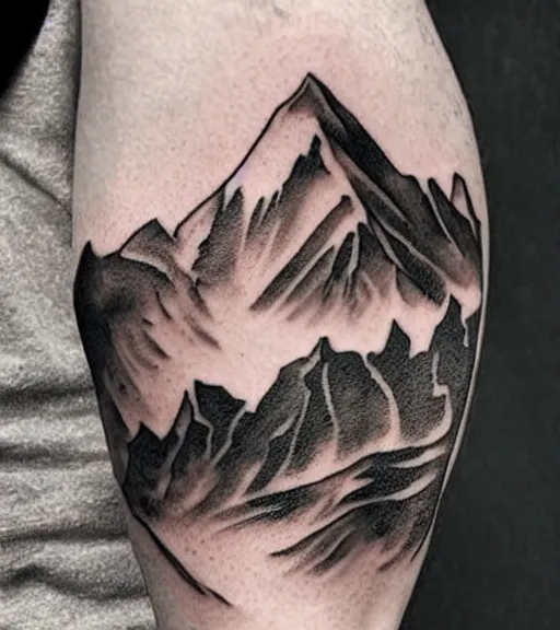Image similar to creative double exposure effect tattoo design sketch of margot and beautiful mountains and nature, mountain scenery, realism tattoo, in the style of matteo pasqualin, amazing detail, sharp