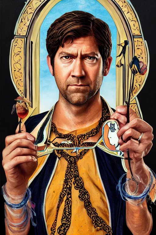 Prompt: beautiful tarot card of Jim Halpert, oil on canvas, intricate, symmetrical, portrait, 8k highly professionally detailed, HDR, CGsociety