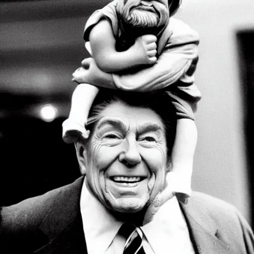 Image similar to dwarf trump getting a piggy - back ride from ronald reagan