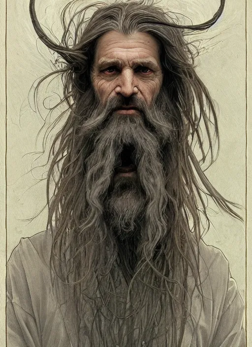 Image similar to portrait of a 6 0 year old giant man with long tangles of thinning gray hair and beard, one eye missing, wearing gray hooded cloak, hyper realistic face, two ravens above him, very low angle, fantasy art, in the style of greg rutkowski, intricate, alphonse mucha, hyper detailed, smooth