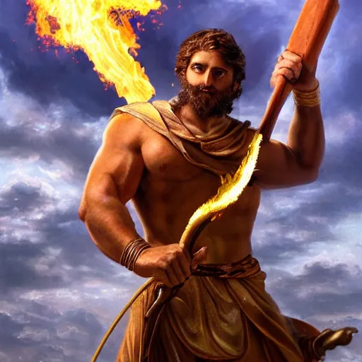 Prompt: Absolutely gorgeous greek god of smithing holding the hammer of creating setting the city of the gods on fire, cinematic lighting, high quality 8k hd, oil on canvas, hyperralistic art