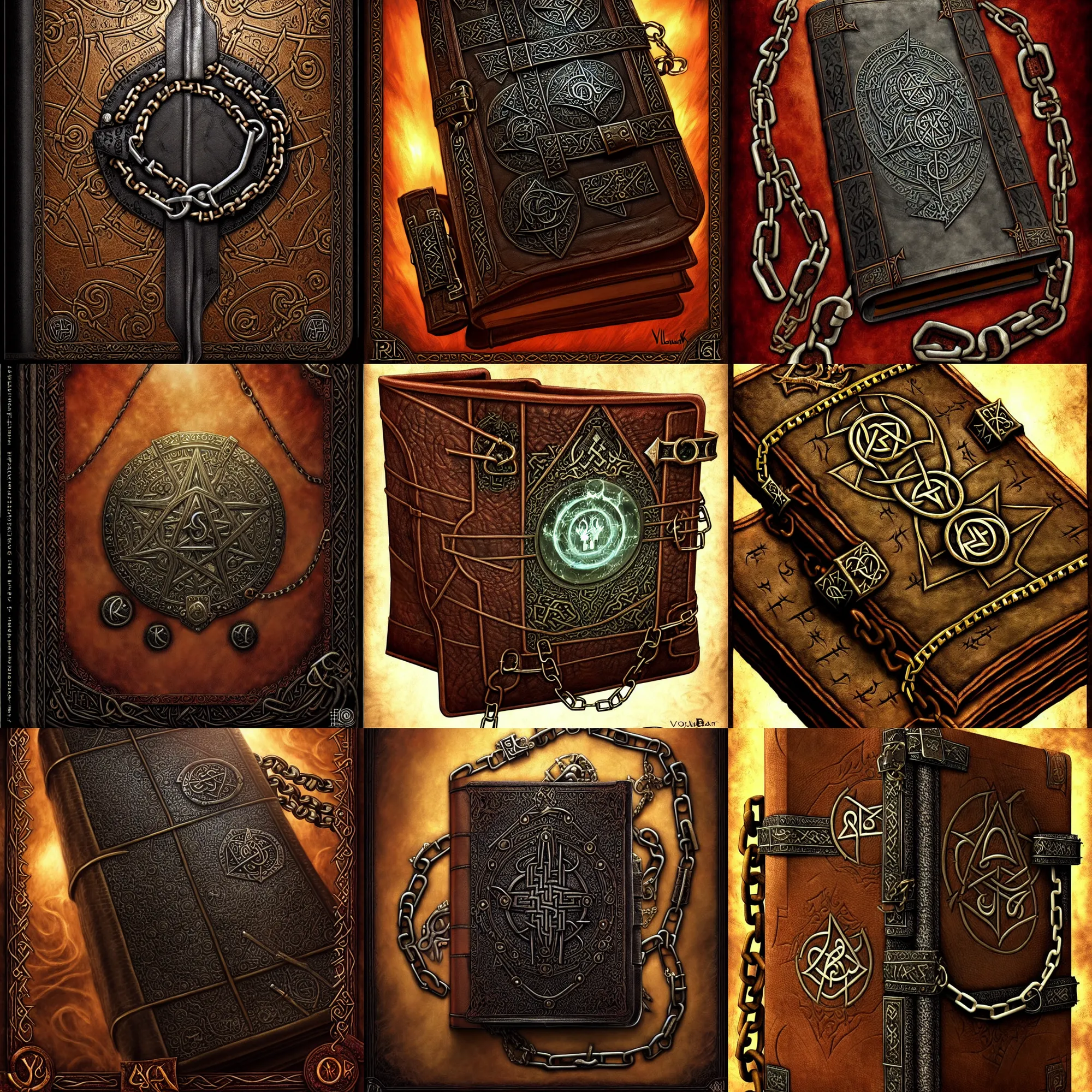 Prompt: detailed digital art of an ancient leather-bound spellbook with heavy metal chains and large locking metal clasps inscribed with runes; magic the gathering art by Volkan Baga, rk post, Lindsey Look, artstation