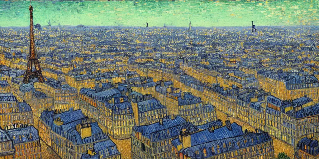 Image similar to highly detailed painting of Paris 1888 by van gogh, vivid colors, trending on artstation, 8K, ultra wide angle, pincushion lens effect