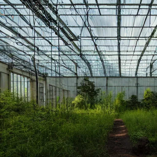 Image similar to interior of a brutalist concrete greenhouse in a lush meadow, surrounded by mountains, godrays, volumetric lighting