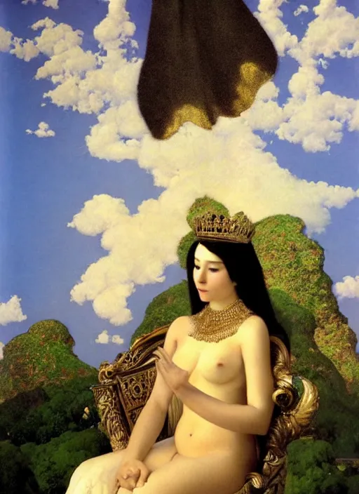 Prompt: an oil painting a queen with dark hair and white fair skin on a throne by maxfield parrish, highly detailed, realistic, realism, manierism, oil painting, wide shot