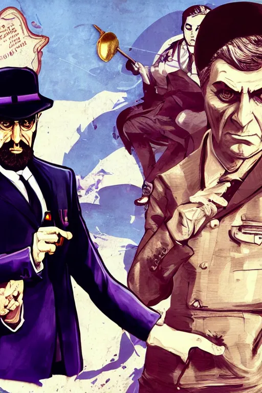 Prompt: angry ali khamenei, with pointing finger, delete duplicating content, parallel content, hyperrealistic anatomy body content, violet polsangi pop art, gta chinatown wars art style, extreme quality masterpiece, bioshock infinite art style, incrinate, 2 color, white frame, content balance proportion