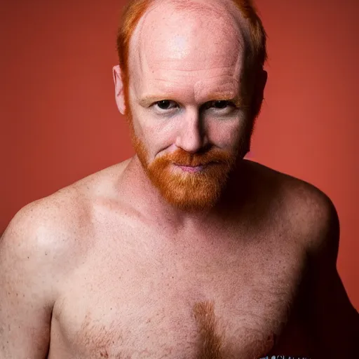 Image similar to photograph of a ginger male, middle aged balding superhero