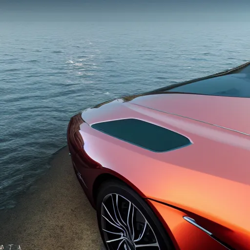 Prompt: the sea reflecting on an Aston Martin, 8k resolution, hyper detailed, ray tracing, sunset