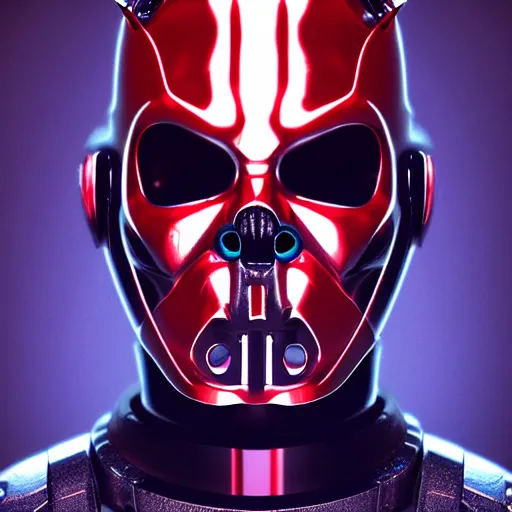 Image similar to chrome darth maul, glossy, metallic, neon, symmetrical, tribal patterns, realistic, unreal engine, octane, redshift, artstation, behance