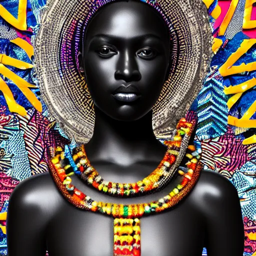 Image similar to masterpiece of a glossy black marble statue of an african girl with colorful african pattern logos in the background in the style of virgil abloh, very very beautiful, detailed, realistic carved marble statue, fine art, off white, heron preston, techno, rave, 8 k, 4 k, detailed, realistic, beautiful, symmetrical, vogue, paris, fashion