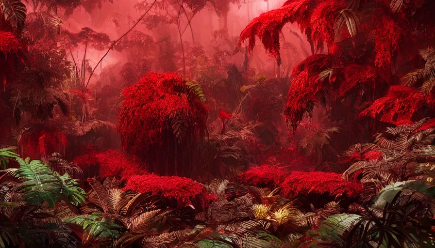 Image similar to red liquid jungle, large plants and leaves covered in red, lush but everything is dark red, beautiful crimson colored render, cinematic lighting, trending on artstation, elaborate, detailed, digital painting, elaborate matte painting