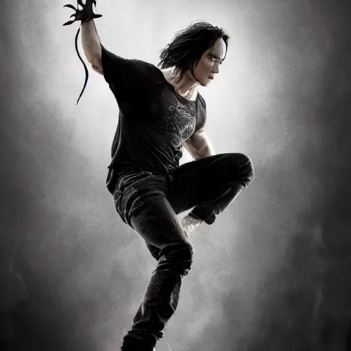Prompt: full body pose, hyperrealistic photograph of brandon lee's the crow, dim volumetric lighting, 8 k, octane beautifully detailed render, extremely hyper detailed, intricate, epic composition, cinematic lighting, masterpiece, trending on artstation, very very detailed, stunning, hdr, smooth, sharp focus, high resolution, award, winning photo, dslr, 5 0 mm