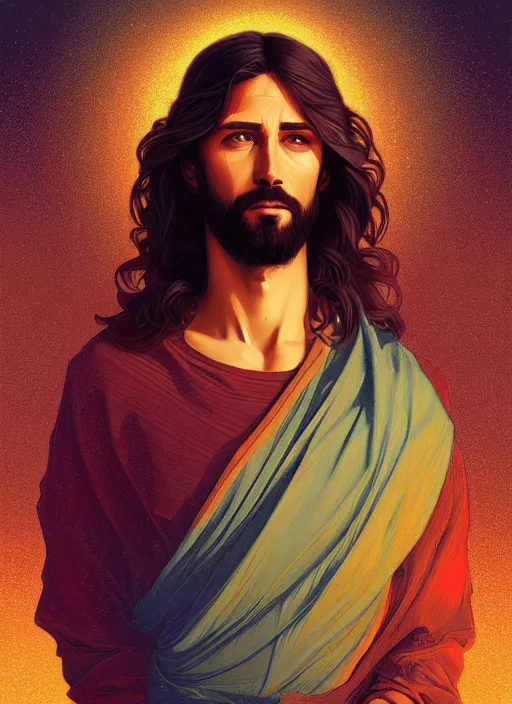 Image similar to handsome jesus, half body shot, path traced, highly detailed, high quality, digital painting, alena aenami, lilia alvarado, shinji aramaki, karol bak, alphonse mucha, tom bagshaw