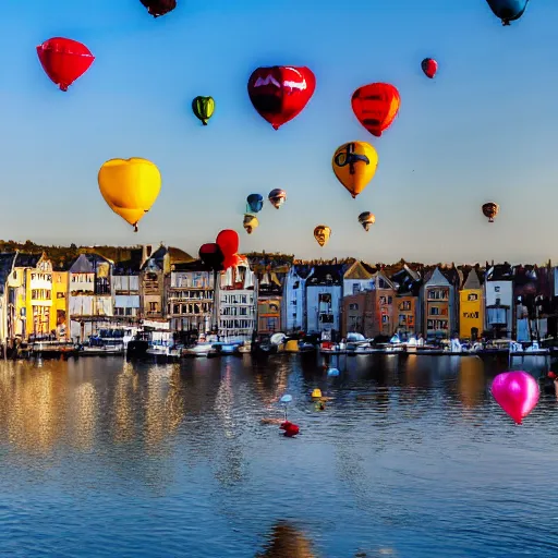 Prompt: photo of a lot of birthday balloons floating above a beautiful maritime port in bretagne. sharp focus, highly - detailed, award - winning