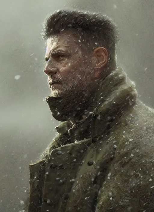 Image similar to portrait of a middle aged man wearing a winter coat, army, military, rugged, highly detailed, fantasy, godrays, cinematic lighting, close up, volumetric, realistic, digital art by greg rutkowski