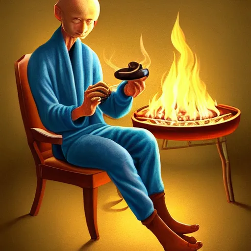 Image similar to painting of a mushroom alien sitting in a recliner by the fire smoking a pipe and wearing a soft robe and slippers, symmetrical, elegant intricate digital painting, trending on artstation, by normal rockwell