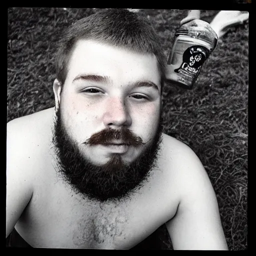 Image similar to “A 20 year old, ginger, tall, chubby, polish-American college student, with a scruffy beard, sitting in his back yard drinking beer, 8 mm lens photography,”